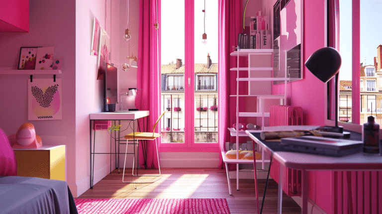 Chambre rose moderne avec un bureau et vue sur la rue.
