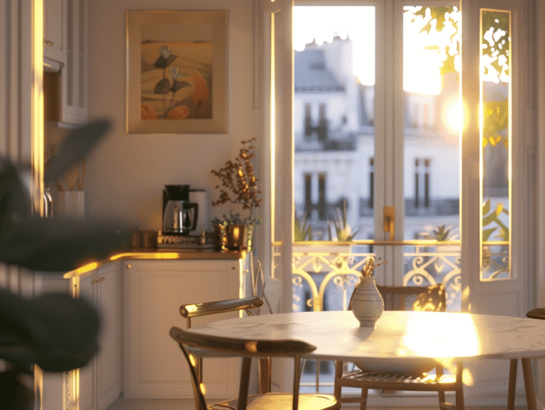 Cuisine lumineuse avec table et vue sur balcon.