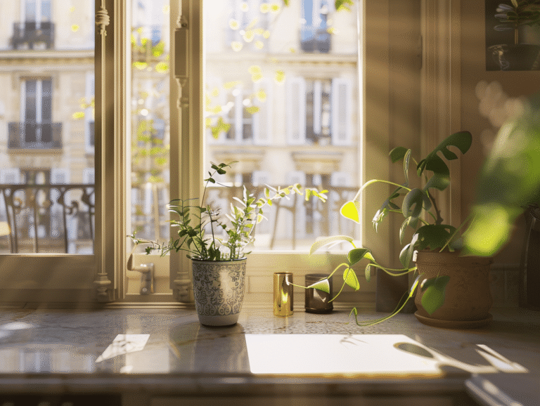 Plantes vertes sur un plan de travail en marbre, lumière naturelle.