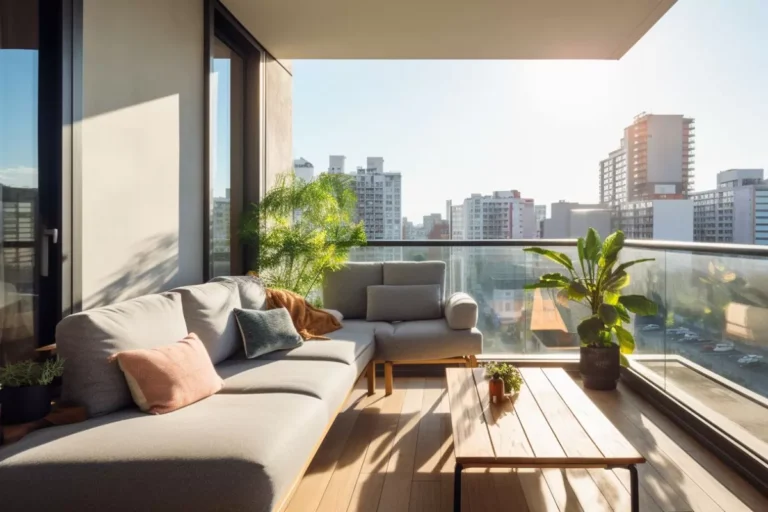 Balcon moderne avec canapé, plantes et vue urbaine.