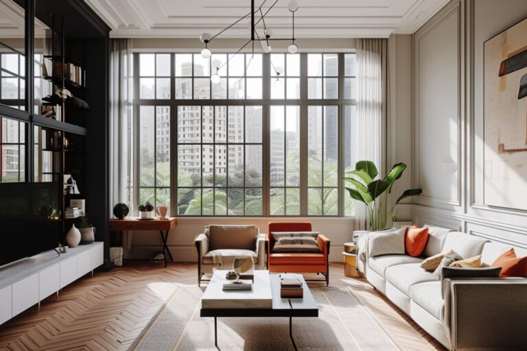 Salon moderne avec canapés et grandes fenêtres.