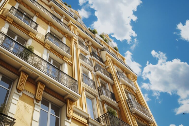 Façade d'immeuble haussmannien avec balcons ornés.