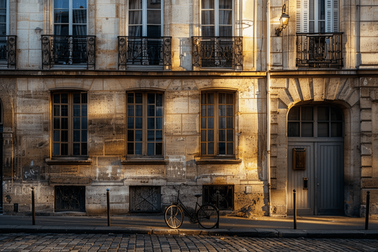 Façade d'immeuble parisien avec fenêtres et vélo.