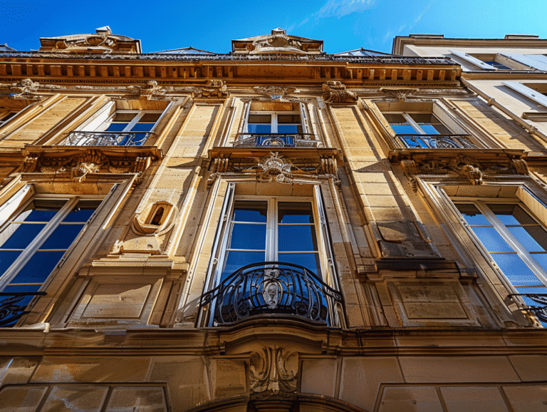 Façade en pierre avec fenêtres encadrées et balcons.