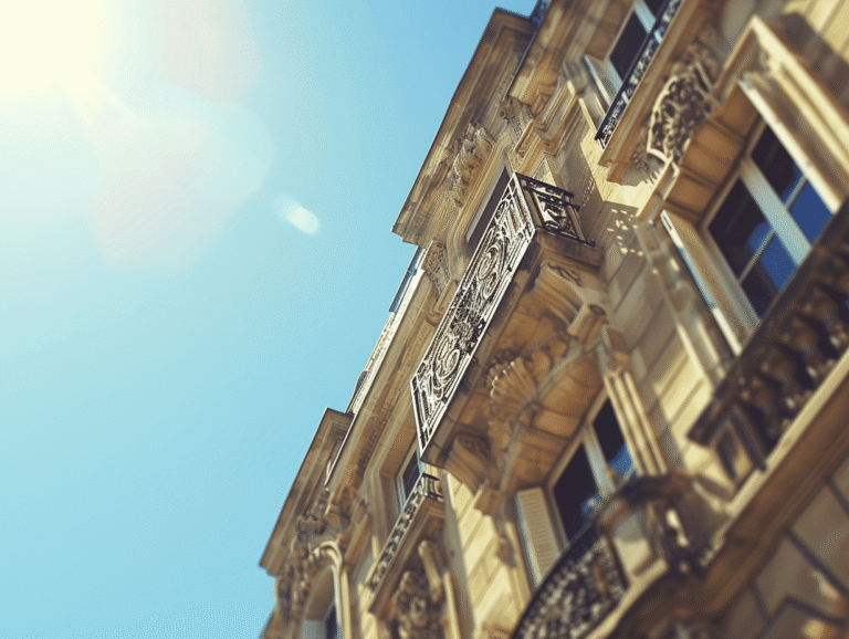 Façade de bâtiment avec balcon et ciel bleu.