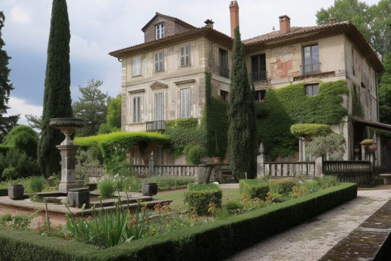 Maison ancienne entourée de jardins verdoyants et d’arbres.