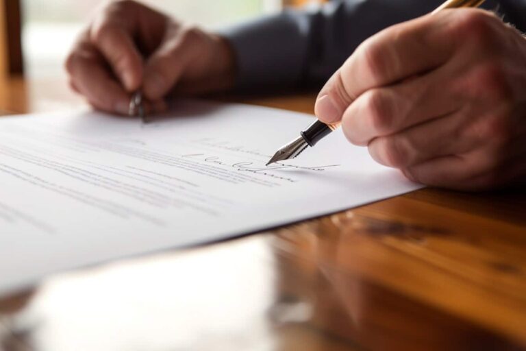 Signature d'un document avec un stylo en verre.