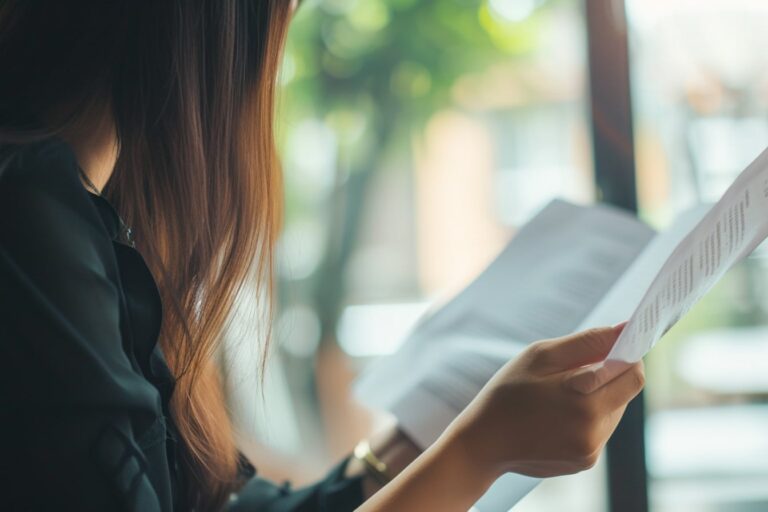 Femme lisant des documents près d'une fenêtre.