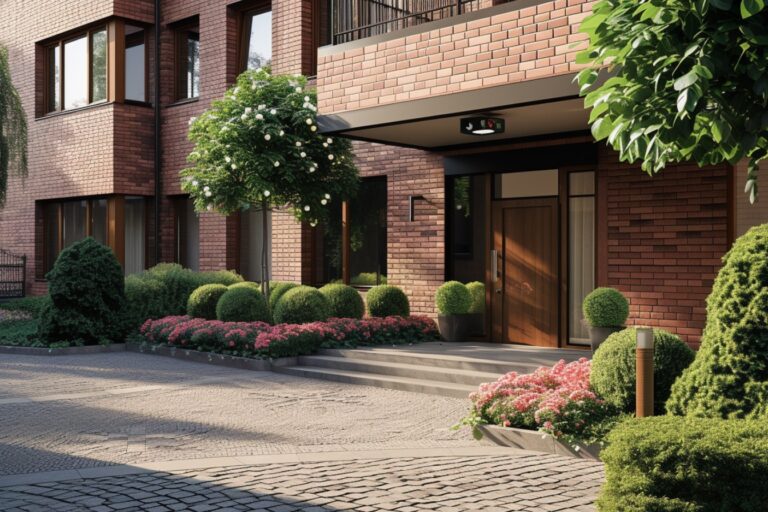 Entrée d'immeuble avec végétation soignée et pavage.