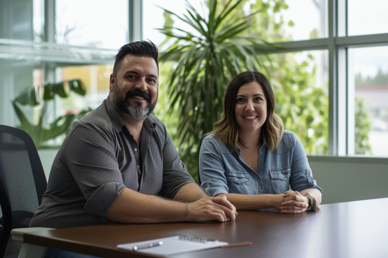 Deux personnes souriantes assises à une table en bois, entourées de plantes.