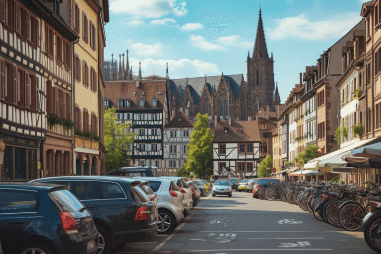 Rue animée à Strasbourg avec maisons anciennes et cathédrale.