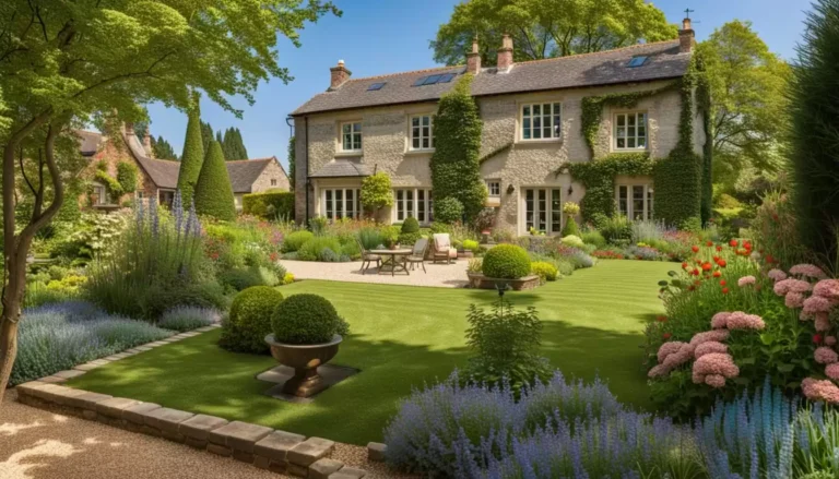 Maison en pierre entourée d'un jardin fleuri.