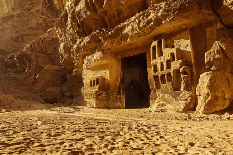 Entrée sculptée dans une formation rocheuse désertique.