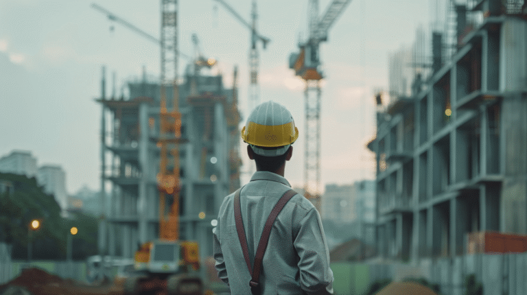 Homme en tenue de travail surveillant un chantier de construction.