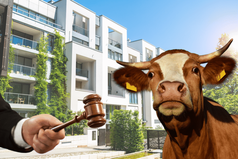 Vache avec un marteau de juge devant un immeuble.