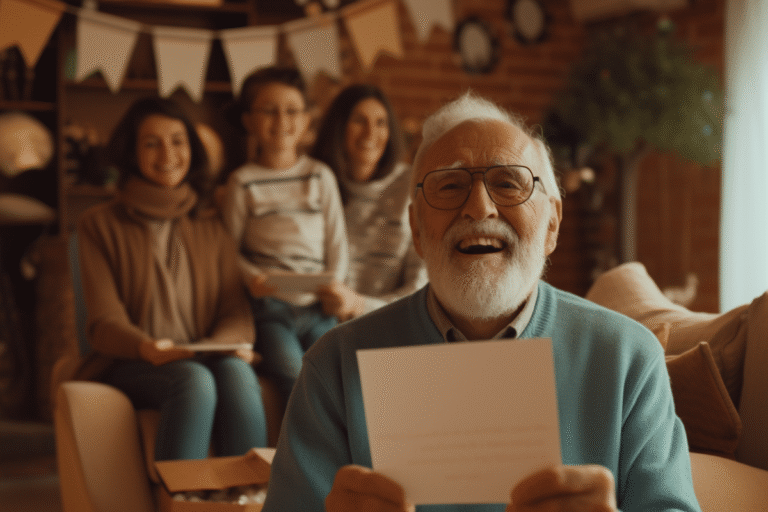 Grand-père souriant tenant une carte, entouré de sa famille.
