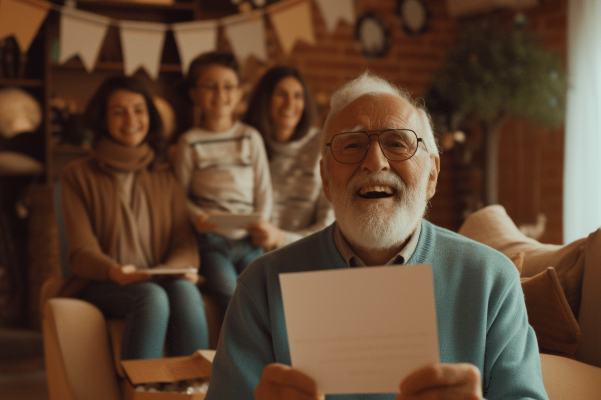 Grand-père souriant tenant une carte, entouré de sa famille.
