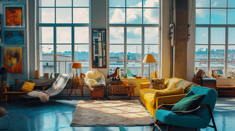 Salon lumineux avec fenêtres et meubles modernes.