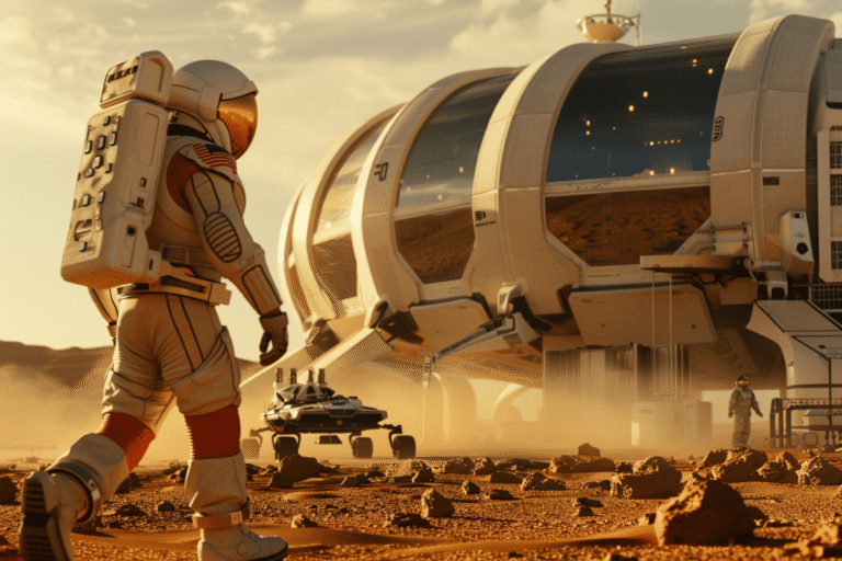 Astronaute marchant près d'une base spatiale sur Mars.