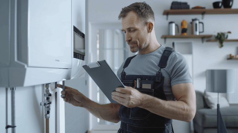 Technicien vérifiant un chauffe-eau avec clipboard.