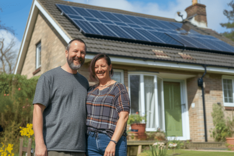 Couple souriant devant une maison avec panneaux solaires.
