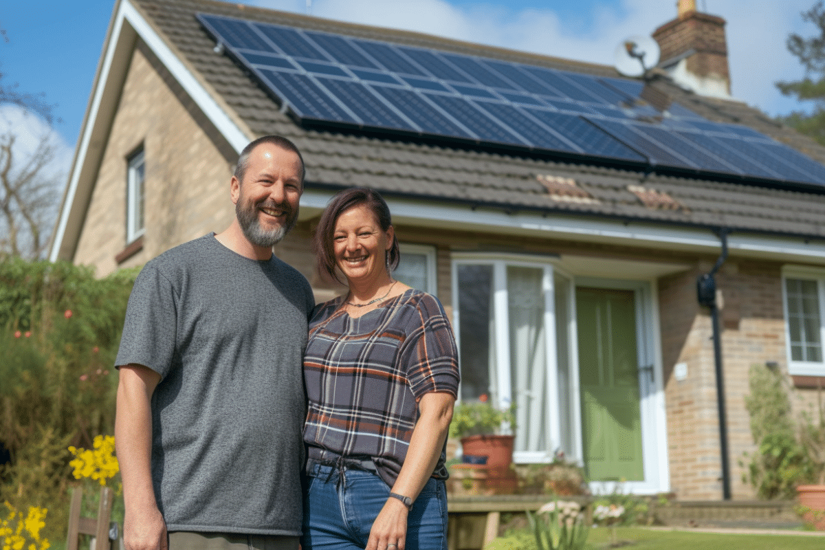 Couple souriant devant une maison avec panneaux solaires.