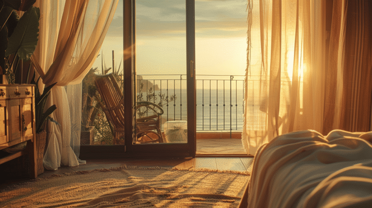 Chambre lumineuse avec vue sur la mer au coucher de soleil.