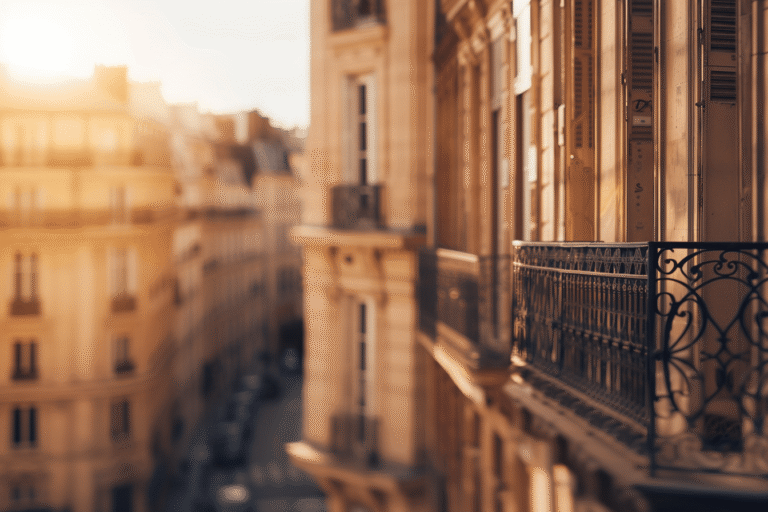 Balcon en fer forgé, lumière dorée sur immeubles parisiens.