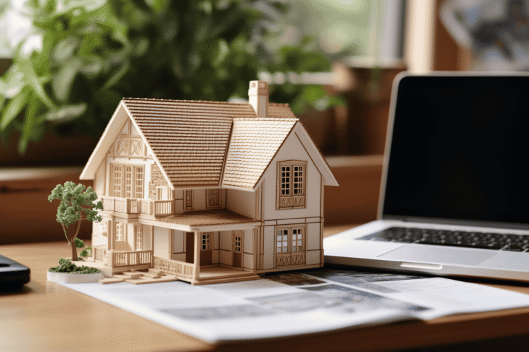 Maquette en bois d'une maison avec petits arbres.