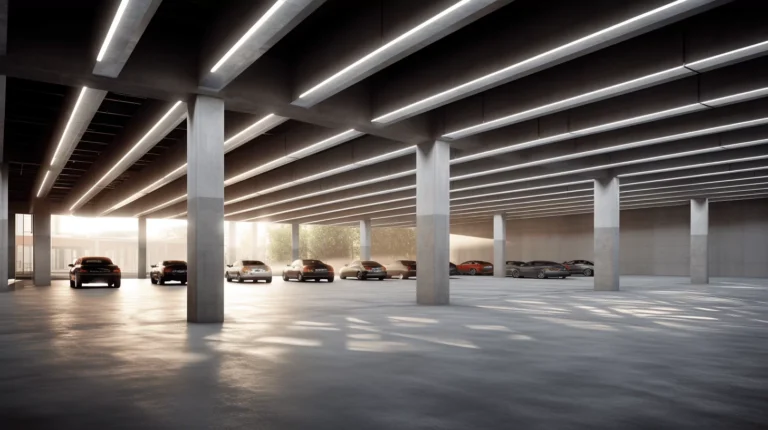 Parking spacieux avec plusieurs voitures garées.
