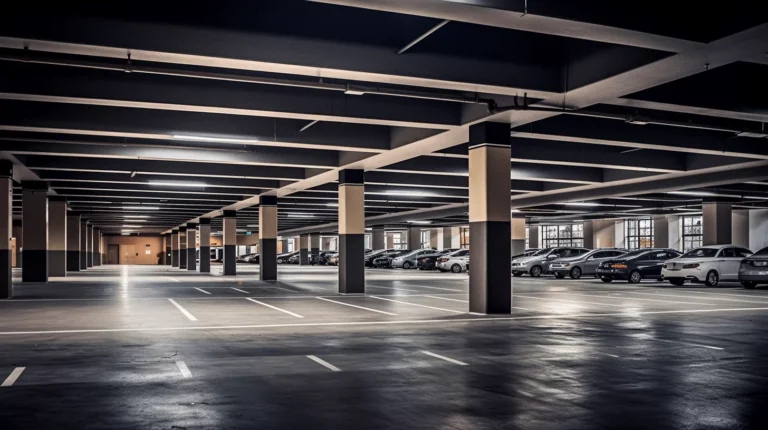 Stationnement souterrain avec plusieurs voitures garées.
