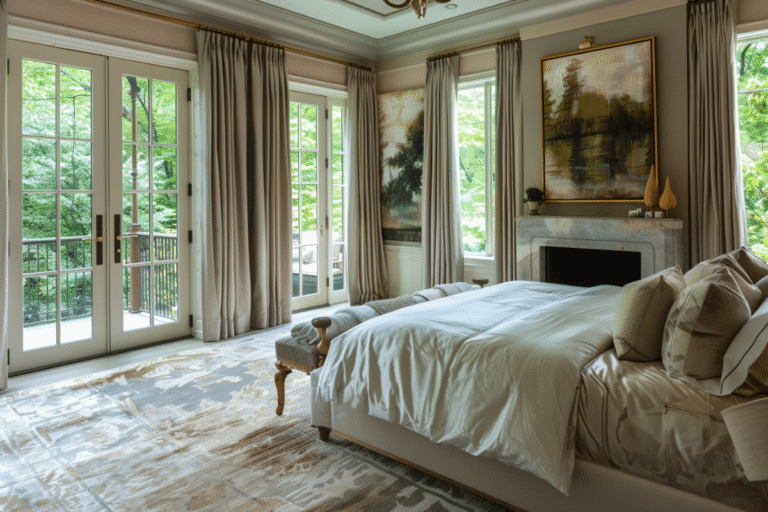 Chambre lumineuse avec fenêtres sur vue verdoyante.