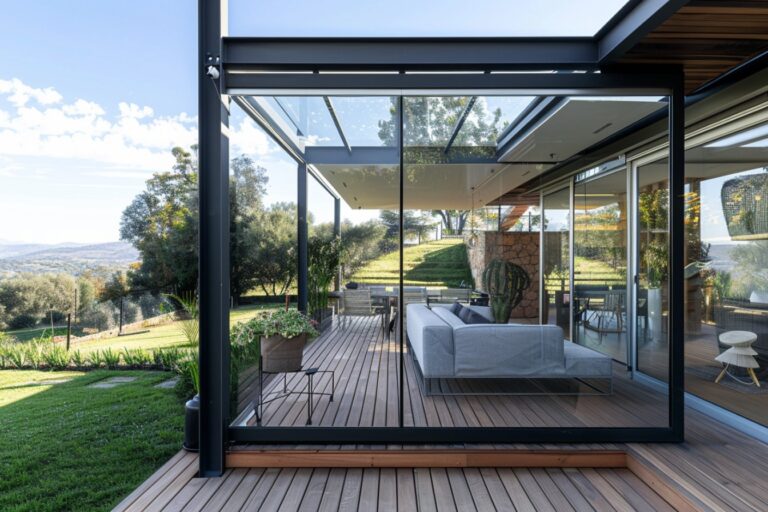 Terrasse moderne avec canapé et vue sur la nature.