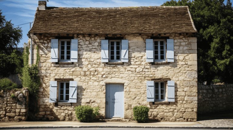 Maison en pierre avec volets bleus et porte blanche.
