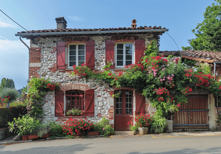 Maison en pierre avec volets rouges et fleurs vibrantes.