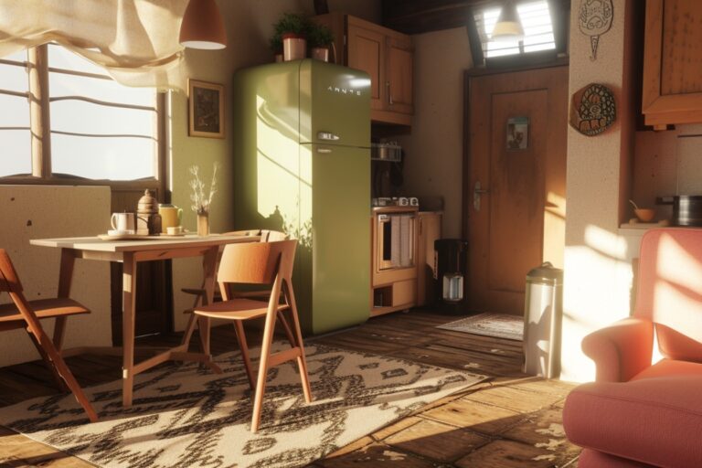 Cuisine intérieure avec réfrigérateur vert et table en bois.
