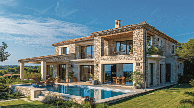 Villa en pierre avec piscine et jardin verdoyant.
