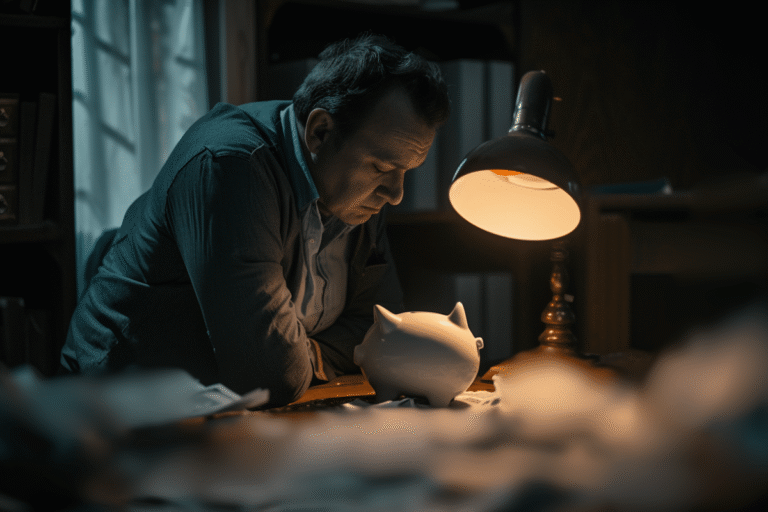 Homme pensif devant une tirelire sur une table.