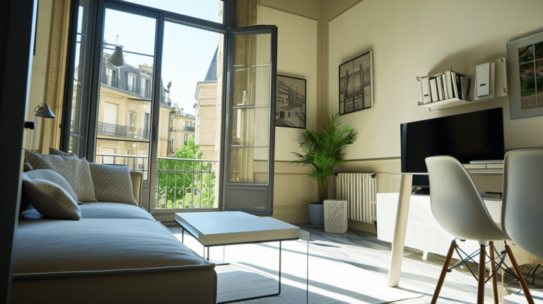 Salon moderne avec canapé, table basse et plante.