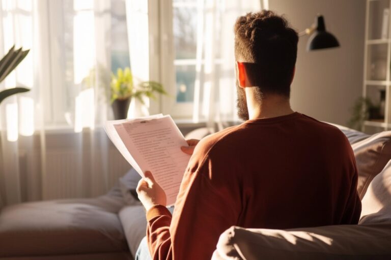 Homme lisant des documents dans un éclairage naturel.