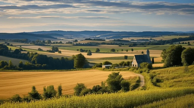 Vue panoramique d'un champ doré avec une église en arrière-plan.