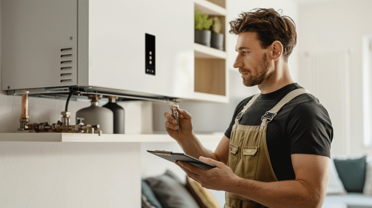 Technicien contrôlant un système de chauffage.