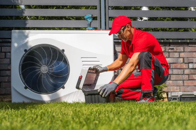 Technicien en tenue rouge réparant une climatisation extérieure.