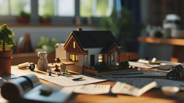 Maison miniature éclairée entourée de plans et d'objets.