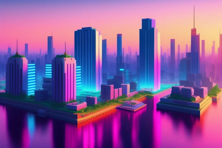 Gratte-ciels colorés au bord d'une rivière réfléchissante.