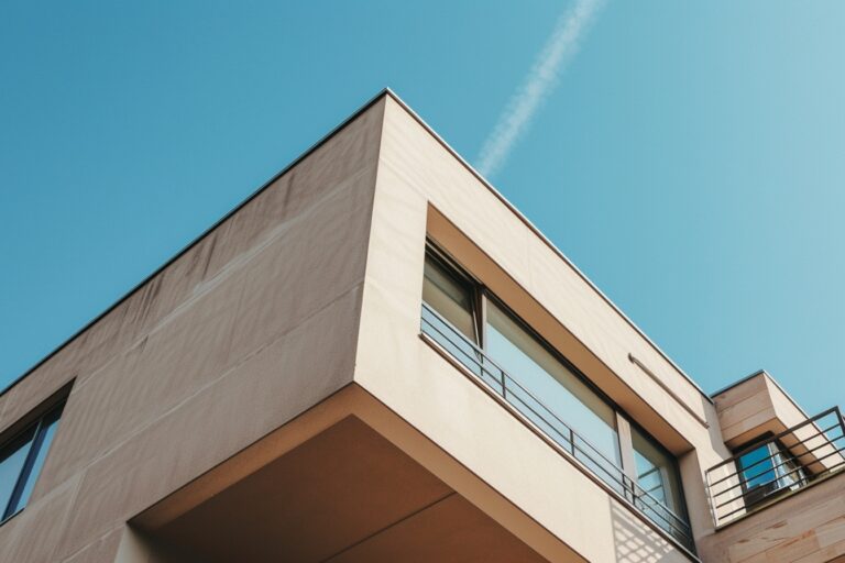 Façade moderne d'un immeuble sous un ciel bleu.