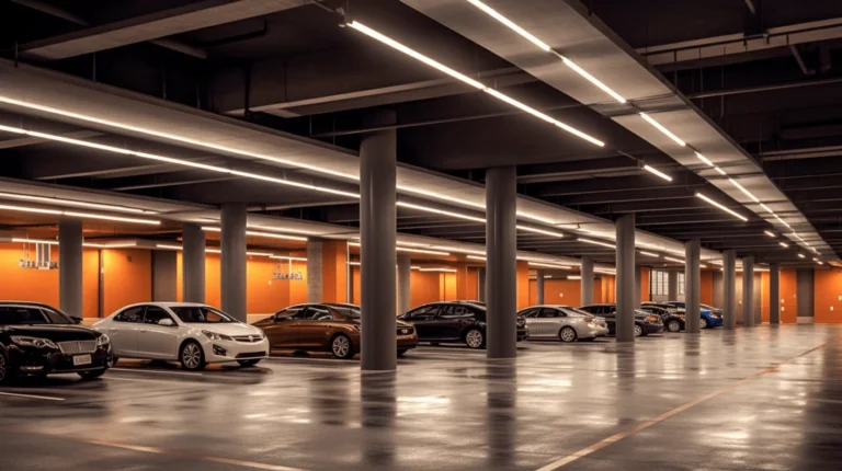 Parking souterrain avec plusieurs voitures garées.