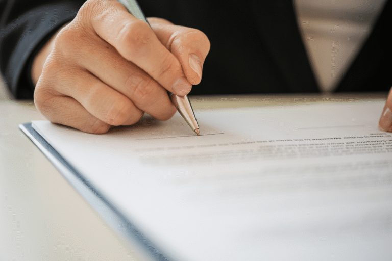 Main écrivant sur un document avec un stylo.