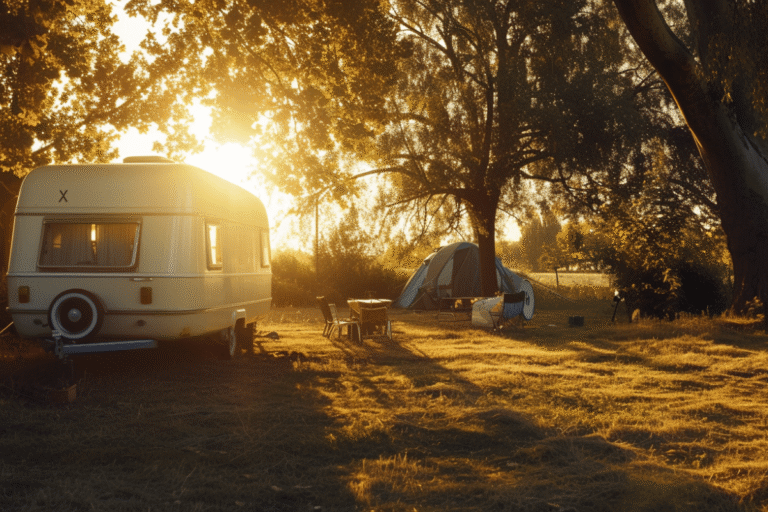 Caravane et tente sous un soleil couchant.