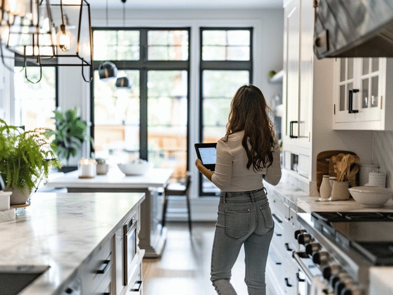 Femme utilisant une tablette dans une cuisine moderne.